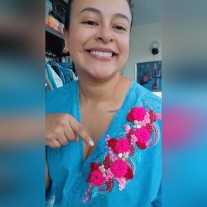 Blue Top with Pink Floral Embroidery